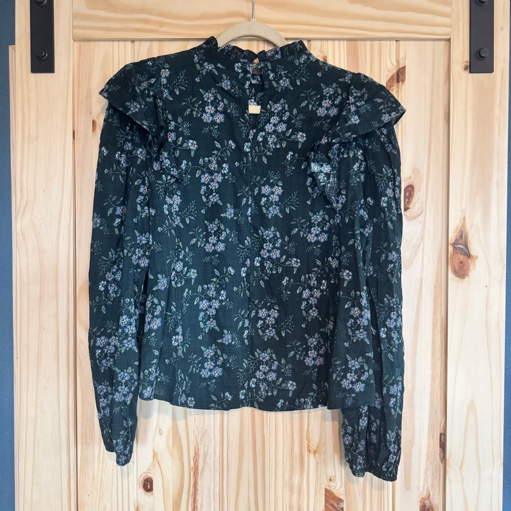 Floral Ruffle Green Long Sleeve Prairie Top size Large - Picture 7 of 8